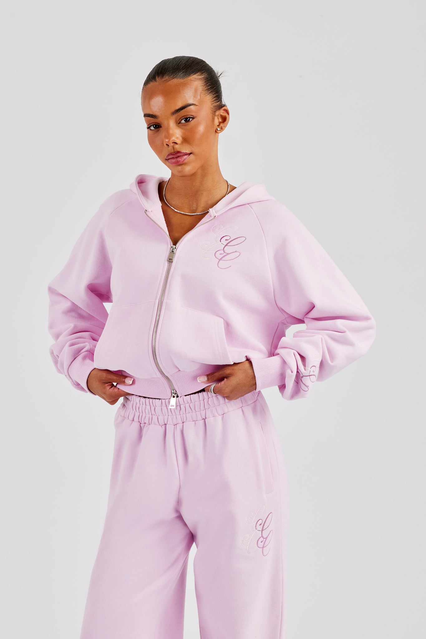 Embroidered Applique Boxy Zip Hoodie - Pink